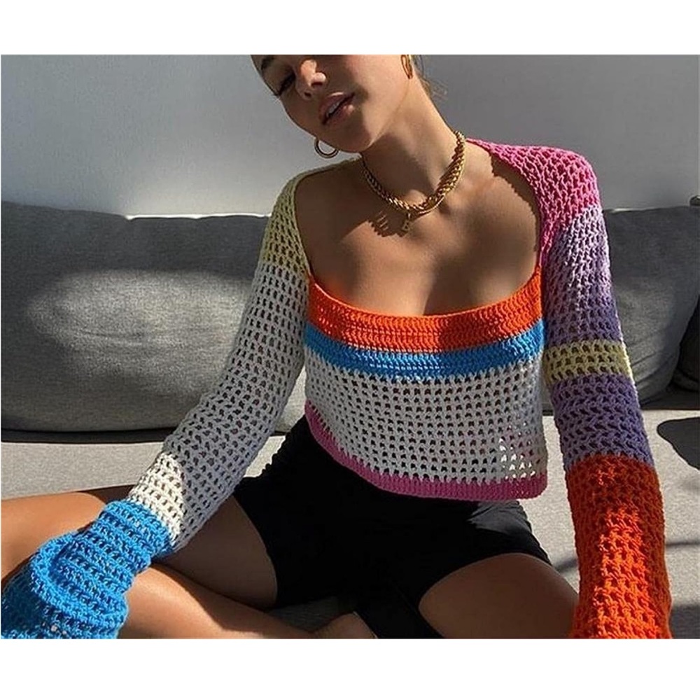 NEW Y2K Color Block Knit Cropped Top Argyle Sweater Large